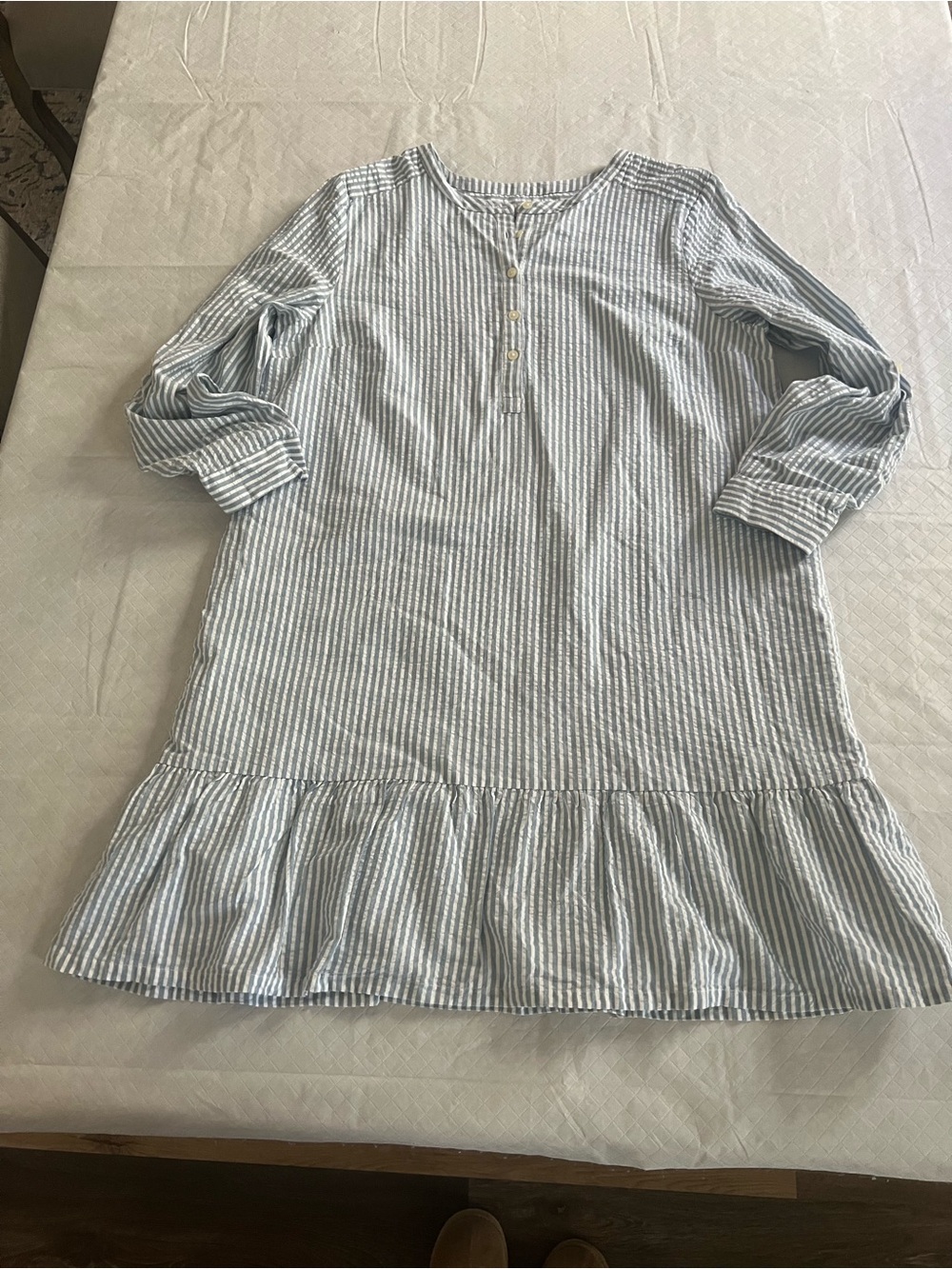 NWT LOFT Light Blue and White Striped Shirt Dress Long Sleeve Button Ruffle Hem
